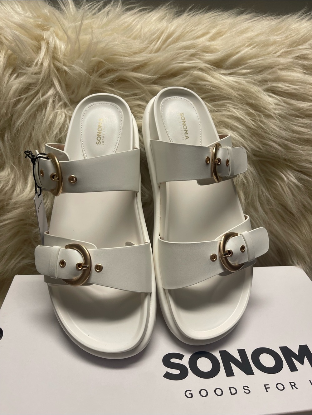 NWT Sonoma White Slide Sandals with Gold Buckles size 9.5.